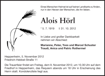 Traueranzeige von Alois Hörl von Starkenburger Echo