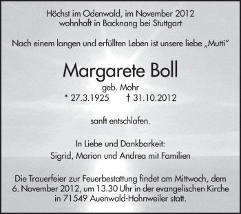 Traueranzeige von Margarete Boll von Odenwälder Echo