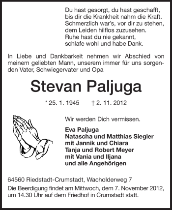 Traueranzeige von Stevan Paljaga von Echo-Zeitungen (Gesamtausgabe)