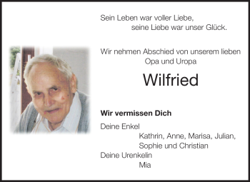 Traueranzeige von Wilfried Schäfer von Odenwälder Echo