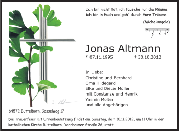 Traueranzeige von Jonas Altmann von Rüsselsheimer Echo, Groß-Gerauer-Echo, Ried Echo