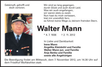 Traueranzeige von Walter Mann von Rüsselsheimer Echo, Groß-Gerauer-Echo, Ried Echo