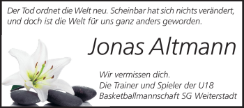Traueranzeige von Jonas Altmann von Echo-Zeitungen (Gesamtausgabe)