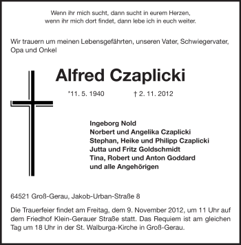 Traueranzeige von Alfred Czaplicki von Rüsselsheimer Echo, Groß-Gerauer-Echo, Ried Echo