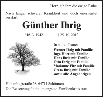 Traueranzeige von Günther Ihrig von Odenwälder Echo