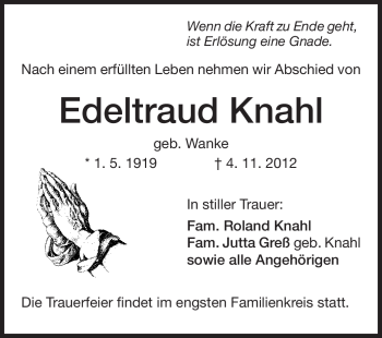 Traueranzeige von Edeltraud Knahl von Odenwälder Echo
