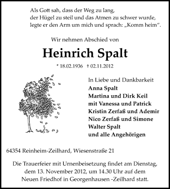 Traueranzeige von Heinz Spalt von Echo-Zeitungen (Gesamtausgabe)