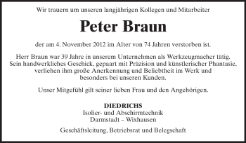 Traueranzeige von Peter Braun von Echo-Zeitungen (Gesamtausgabe)