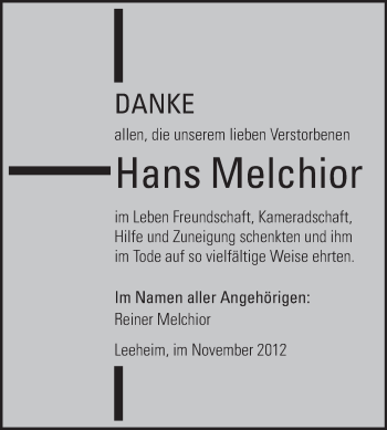 Traueranzeige von Hans Melchior von Rüsselsheimer Echo, Groß-Gerauer-Echo, Ried Echo