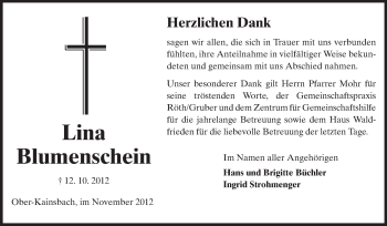 Traueranzeige von Lina Blumenschein von Odenwälder Echo