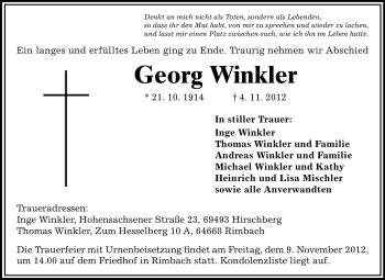 Traueranzeige von Georg Winkler von Starkenburger Echo