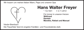 Traueranzeige von Hans Walter Freyer von Echo-Zeitungen (Gesamtausgabe)