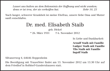 Traueranzeige von Elisabeth Staib von Echo-Zeitungen (Gesamtausgabe)