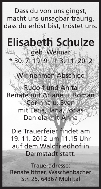 Traueranzeige von Elisabeth Schulze von Echo-Zeitungen (Gesamtausgabe)