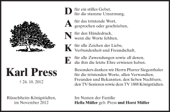 Traueranzeige von Karl Press von Rüsselsheimer Echo, Groß-Gerauer-Echo, Ried Echo