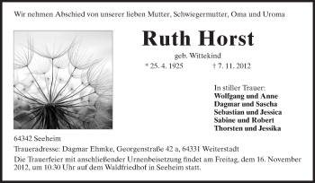 Traueranzeige von Ruth Horst von Echo-Zeitungen (Gesamtausgabe)