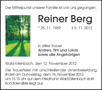 Traueranzeige von Reiner Berg von Starkenburger Echo