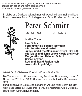 Traueranzeige von Peter Schmitt von Echo-Zeitungen (Gesamtausgabe)
