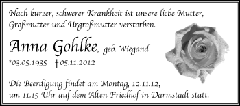 Traueranzeige von Anna Gohlke von Echo-Zeitungen (Gesamtausgabe)
