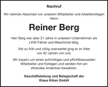 Traueranzeige von Reiner Berg von Starkenburger Echo