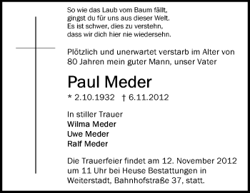 Traueranzeige von Paul Meder von Echo-Zeitungen (Gesamtausgabe)