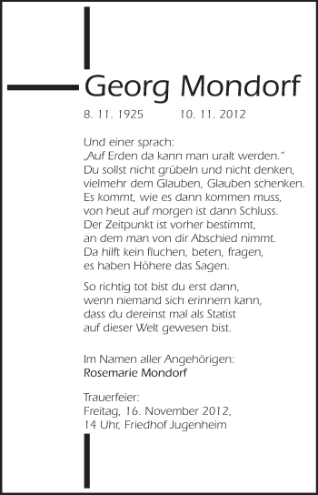 Traueranzeige von Georg Mondorf von Echo-Zeitungen (Gesamtausgabe)