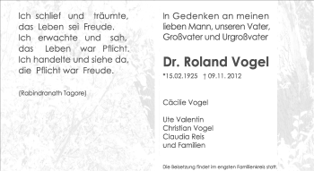 Traueranzeige von Roland Volgel von Echo-Zeitungen (Gesamtausgabe)