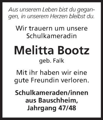 Traueranzeige von Melitta Bootz von Rüsselsheimer Echo, Groß-Gerauer-Echo, Ried Echo