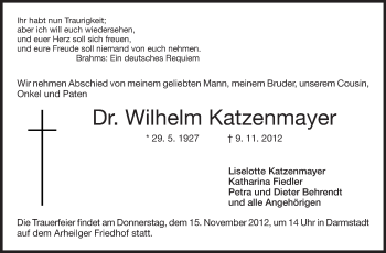 Traueranzeige von Wilhelm Katzenmayer von Darmstädter Echo, Odenwälder Echo, Rüsselsheimer Echo, Groß-Gerauer-Echo, Ried Echo