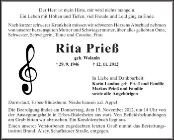 Traueranzeige von Rita Prieß von Echo-Zeitungen (Gesamtausgabe)