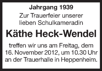 Traueranzeige von Käthe Heck-Wendel von Starkenburger Echo