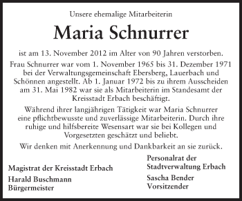 Traueranzeige von Maria Schnurrer von Odenwälder Echo