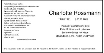 Traueranzeige von Charlotte Rossmann von Starkenburger Echo
