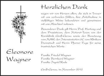 Traueranzeige von Eleonore Wagner von Rüsselsheimer Echo, Groß-Gerauer-Echo, Ried Echo