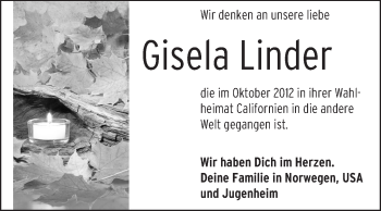 Traueranzeige von Gisela Linder von Echo-Zeitungen (Gesamtausgabe)