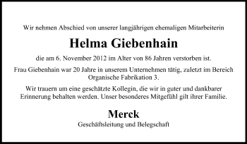Traueranzeige von Helma Giebenhain von Echo-Zeitungen (Gesamtausgabe)