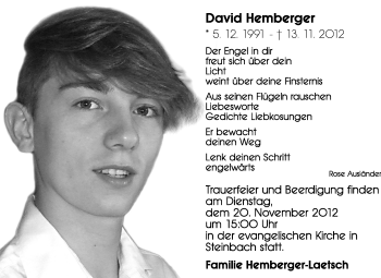 Traueranzeige von David Hemberger von Odenwälder Echo