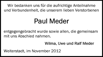 Traueranzeige von Paul Meder von Echo-Zeitungen (Gesamtausgabe)