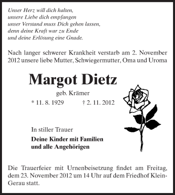 Traueranzeige von Margot Dietz von Rüsselsheimer Echo, Groß-Gerauer-Echo, Ried Echo