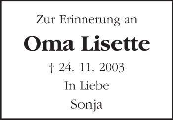 Traueranzeige von Lisette  von Odenwälder Echo