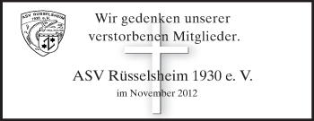 Traueranzeige von ASV Rüsselsheim 1930 Gedenken von Rüsselsheimer Echo, Groß-Gerauer-Echo, Ried Echo