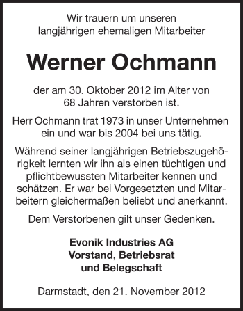 Traueranzeige von Werner Ochmann von Echo-Zeitungen (Gesamtausgabe)