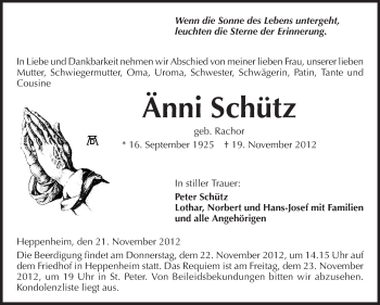 Traueranzeige von Änni Schütz von Starkenburger Echo