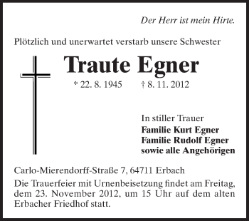 Traueranzeige von Traute Egner von Odenwälder Echo