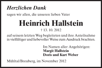 Traueranzeige von Heinrich Hallstein von Echo-Zeitungen (Gesamtausgabe)