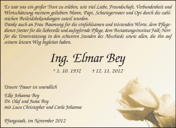 Traueranzeige von Elmar Bey  von Echo-Zeitungen (Gesamtausgabe)