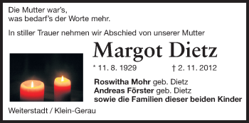 Traueranzeige von Margot Dietz von Darmstädter Echo, Odenwälder Echo, Rüsselsheimer Echo, Groß-Gerauer-Echo, Ried Echo