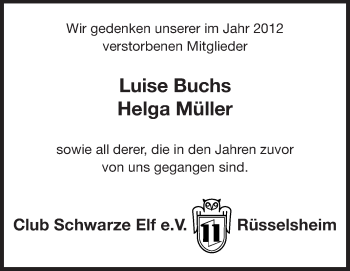 Traueranzeige von Club Schwarze Elf Gedenken von Rüsselsheimer Echo, Groß-Gerauer-Echo, Ried Echo