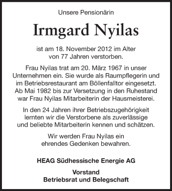 Traueranzeige von Irmgard Nyilas von Echo-Zeitungen (Gesamtausgabe)