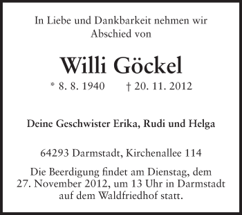Traueranzeige von Willi Göckel von Echo-Zeitungen (Gesamtausgabe)